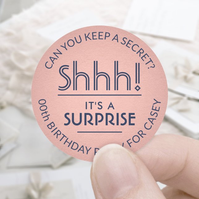 Surprise Birthday Party Navy Blue & Pink Rose Gold Classic Round Sticker (Creator Uploaded)