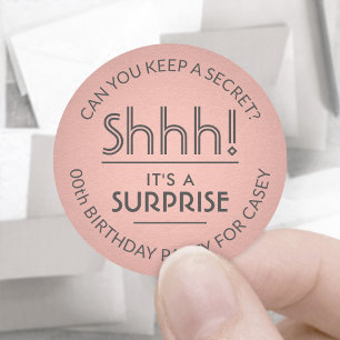 Surprise Birthday Party Pink Rose Gold and Grey Classic Round Sticker