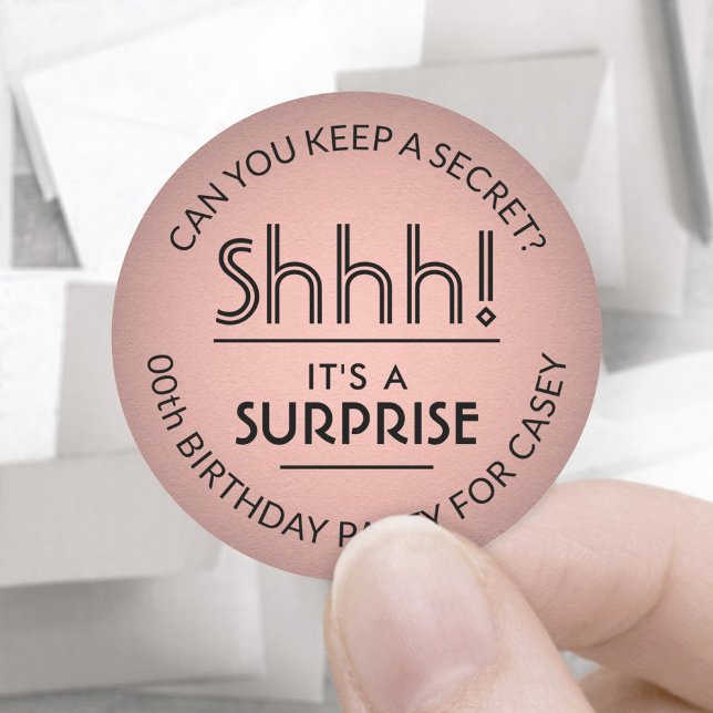 Surprise Birthday Party Pink Rose Gold Faux Foil Classic Round Sticker (Creator Uploaded)