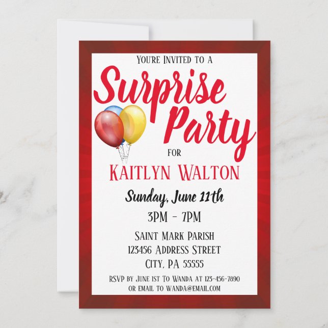 Surprise Birthday Party Red Sunburst Invitation (Back)