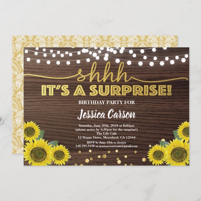 Surprise birthday party rustic wood gold sunflower invitation (Front/Back)
