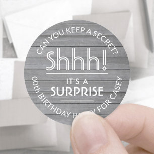 Surprise Birthday Party Rustic Wood Grey and White Classic Round Sticker