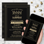 Surprise Birthday Party Shhh! Elegant Black & Gold Invitation<br><div class="desc">Can you keep a secret? Invite family and friends to an elegant and exciting surprise birthday celebration with custom black and gold party invitations. All wording on this template is simple to personalise, including message that reads "Shhh! It's a SURPRISE." The design features a modern striped border, classic vintage art...</div>