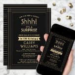 Surprise Birthday Party Shhh! Elegant Black & Gold Invitation<br><div class="desc">Can you keep a secret? Invite family and friends to an elegant and exciting surprise birthday celebration with custom black and gold party invitations. All wording on this template is simple to personalise, including message that reads "Shhh! It's a SURPRISE." The design features a modern striped border, classic vintage art...</div>