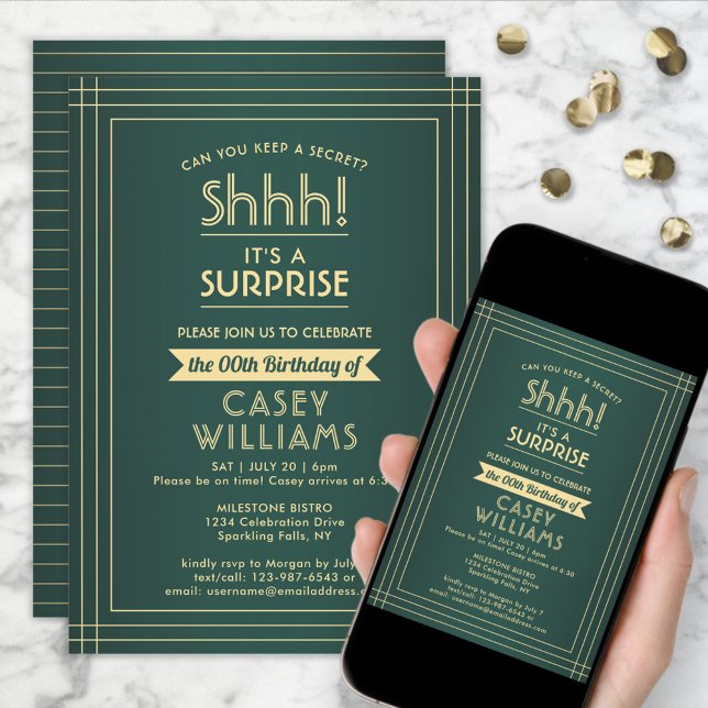 Surprise Birthday Party Shhh! Elegant Green & Gold Invitation (Creator Uploaded)