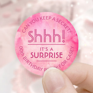 Surprise Birthday Party Shhh! Pink Watercolor Classic Round Sticker