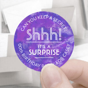 Surprise Birthday Party Shhh! Purple Watercolor Classic Round Sticker