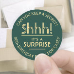 Surprise Birthday Party Shhh! Stylish Green & Gold Classic Round Sticker<br><div class="desc">Add an elegant personalised touch to surprise birthday party invitations, decorations, and favours with custom stylish green and gold stickers / envelope seals. All text on these labels is simple to customise for any year birthday or for another occasion, such as a wedding anniversary, retirement, or going away party. Personalise...</div>