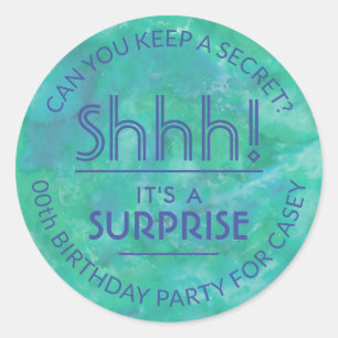 Surprise Birthday Party Shhh! Teal Blue Watercolor Classic Round Sticker