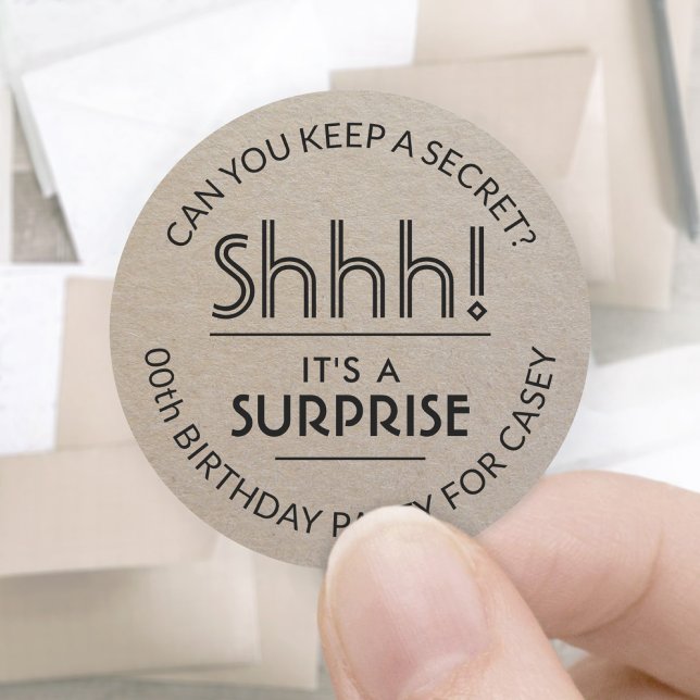 Surprise Birthday Party Simple Faux Kraft Paper Classic Round Sticker (Creator Uploaded)