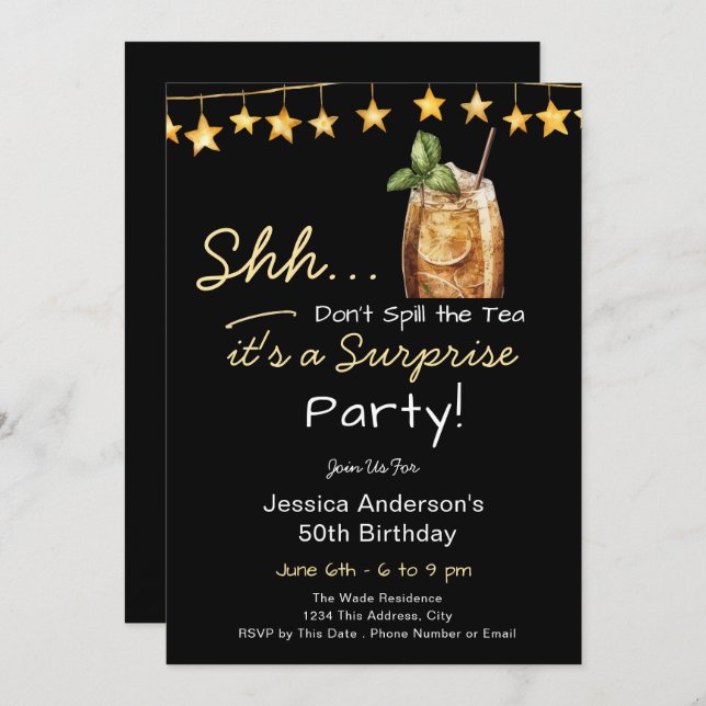 Surprise Birthday Party Spill the Tea Invitation (Front/Back)