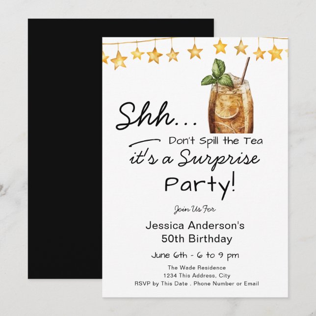 Surprise Birthday Party Spill the Tea Invitation (Front/Back)
