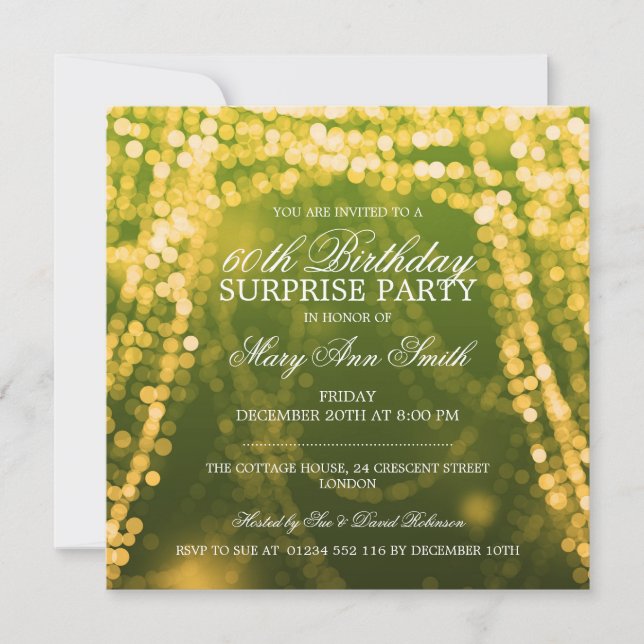 Surprise Birthday Party String Lights Gold Invitation (Front)