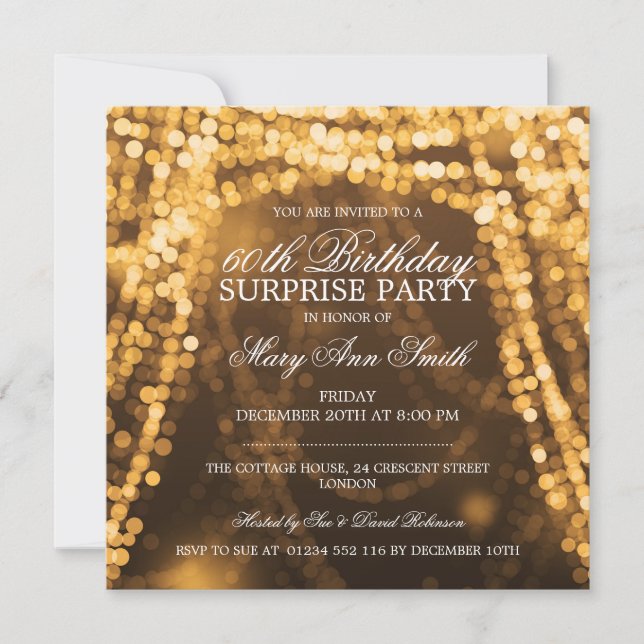 Surprise Birthday Party String Lights Gold Invitation (Front)
