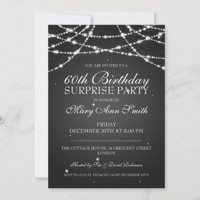 Surprise Birthday Party String of Stars Black Invitation (Front)
