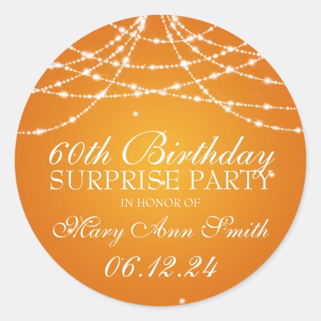 Surprise Birthday Party String of Stars Orange Classic Round Sticker (Front)