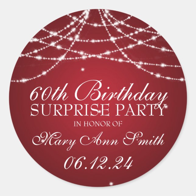 Surprise Birthday Party String of Stars Red Classic Round Sticker (Front)