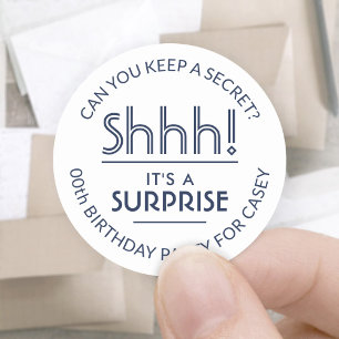 Surprise Birthday Party Stylish White & Navy Blue Classic Round Sticker