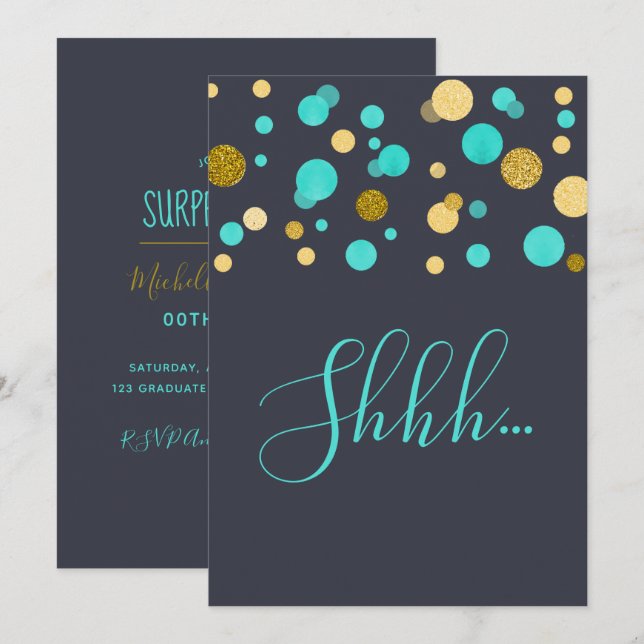 Surprise Birthday Party turquoise and gold glitter Invitation (Front/Back)