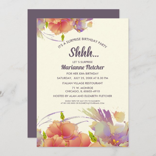Surprise Birthday Party. Watercolor Floral Invites (Front/Back)