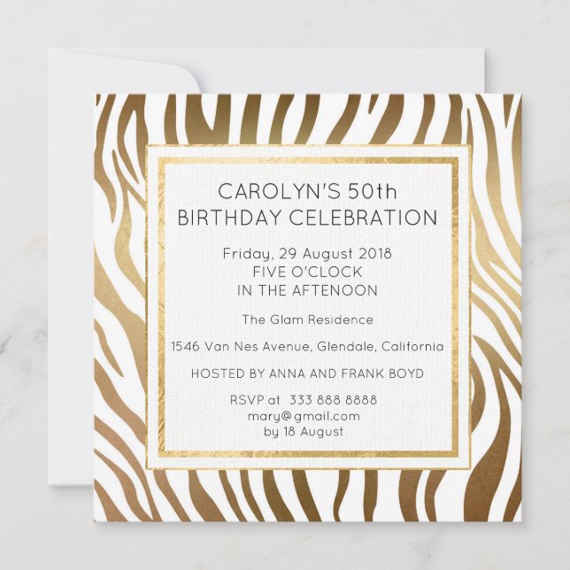 Surprise Birthday Party Zebra Skin Gold Glam Invitation (Front)