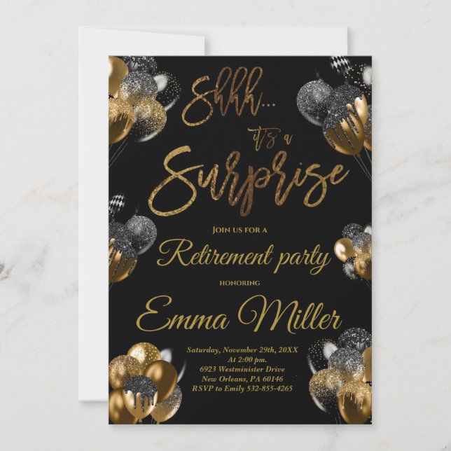 Surprise Black and Gold Retirement Party Invitation (Front)