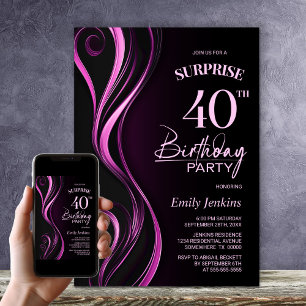 Surprise Black and Pink 40th Birthday Party Invitation
