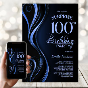 Surprise Black Blue 100th Birthday Party Invitation