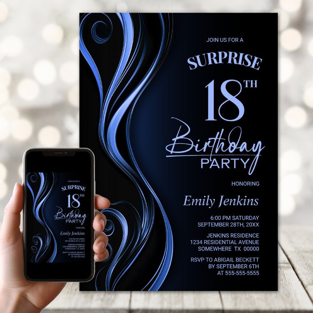 Surprise Black Blue 18th Birthday Party Invitation (Creator Uploaded)