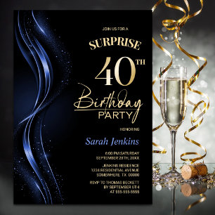 Surprise Black Blue 40th Birthday Party Invitation