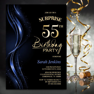 Surprise Black Blue 55th Birthday Party Invitation