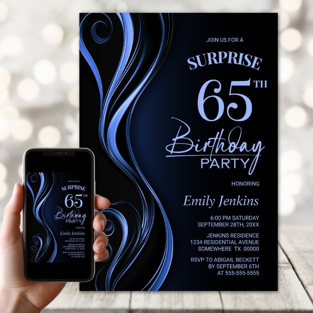 Surprise Black Blue 65th Birthday Party Invitation (Creator Uploaded)