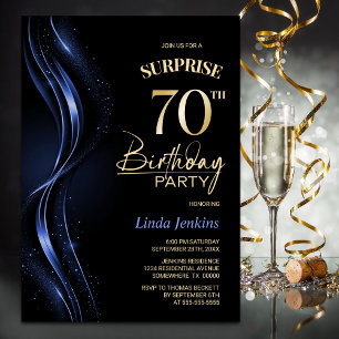 Surprise Black Blue 70th Birthday Party Invitation