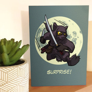 Surprise! Black Cat Ninja Flying Kick Cartoon Card