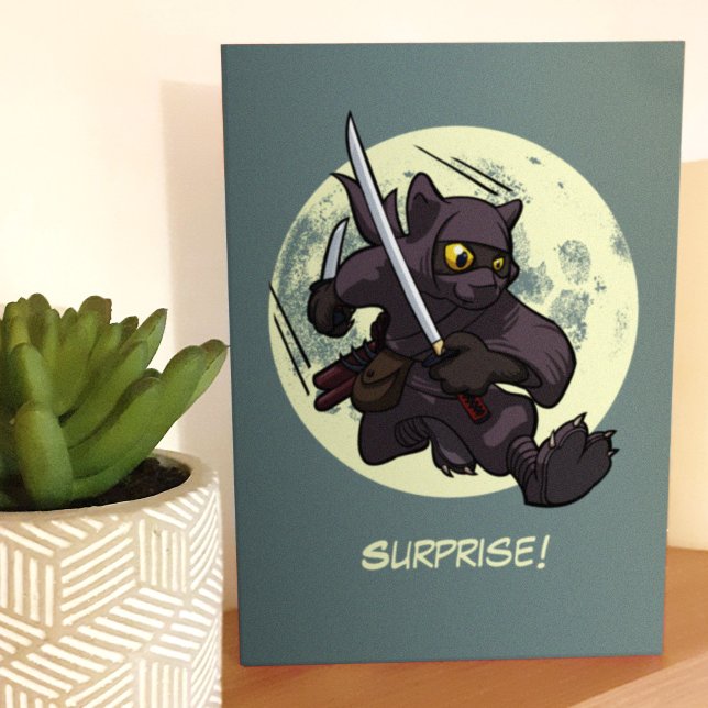 Surprise! Black Cat Ninja Flying Kick Cartoon Card (Creator Uploaded)