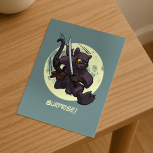 Surprise! Black Cat Ninja Flying Kick Cartoon Postcard
