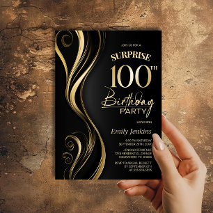 Surprise Black Gold 100th Birthday Party Invitation