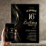 Surprise Black Gold 16th Birthday Party Invitation<br><div class="desc">This modern black and gold surprise 16th birthday invitation sets the perfect tone for a surprise party. Easily personalise your invitation with the guest of honour's name, party details, and venue information in just a few clicks. You will be able to create a night filled with love, laughter, and cherished...</div>