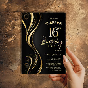 Surprise Black Gold 16th Birthday Party Invitation