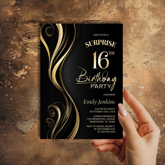 Surprise Black Gold 16th Birthday Party Invitation (Creator Uploaded)