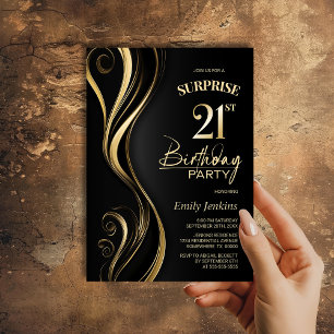 Surprise Black Gold 21st Birthday Party Invitation