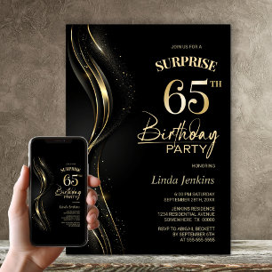 Surprise Black Gold 65th Birthday Party Invitation