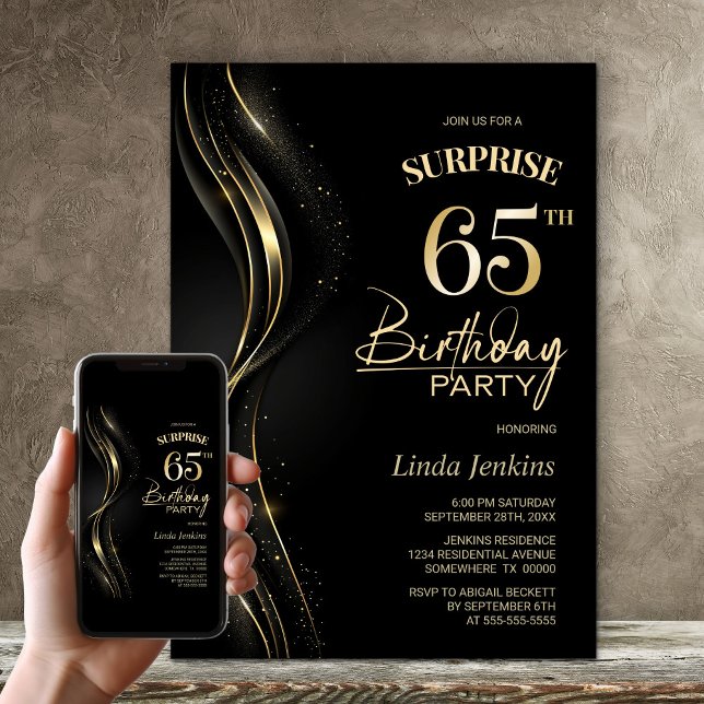 Surprise Black Gold 65th Birthday Party Invitation (Creator Uploaded)