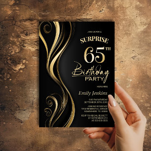Surprise Black Gold 65th Birthday Party Invitation