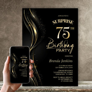 Surprise Black Gold 75th Birthday Party Invitation