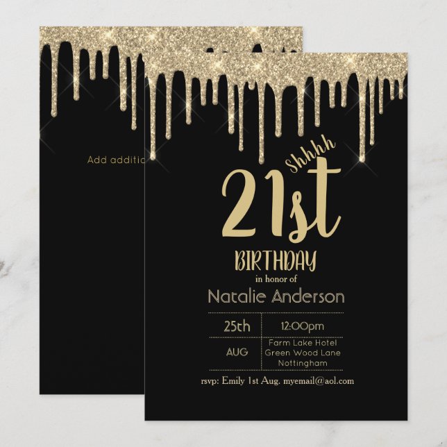 SURPRISE Black Gold Dripping Glitter 21st Invitation (Front/Back)