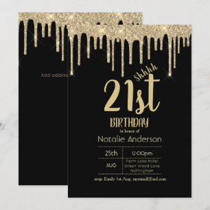SURPRISE Black Gold Dripping Glitter 21st Invitation