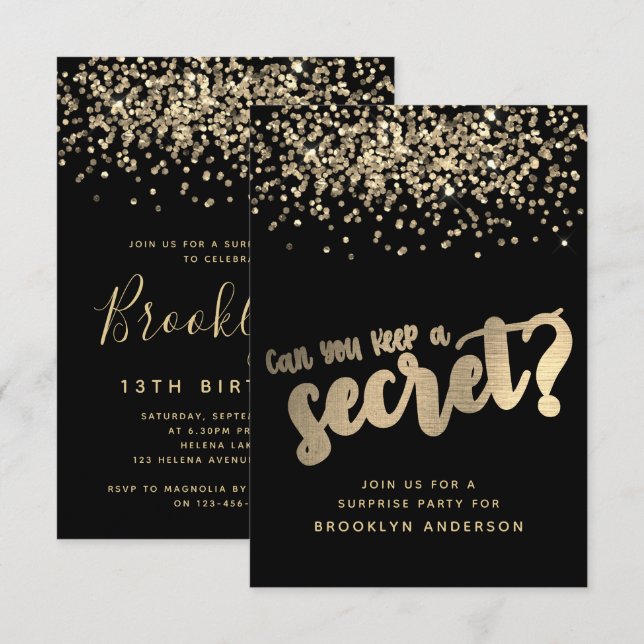 Surprise Black Gold Glitter Birthday Invitation (Front/Back)