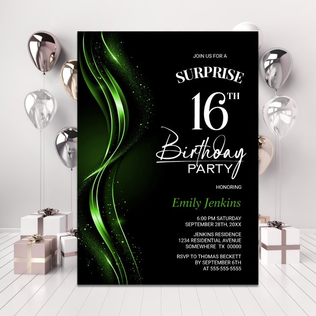 Surprise Black Green 16th Birthday Party Invitation (Creator Uploaded)