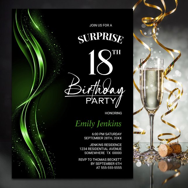 Surprise Black Green 18th Birthday Party Invitation (Creator Uploaded)